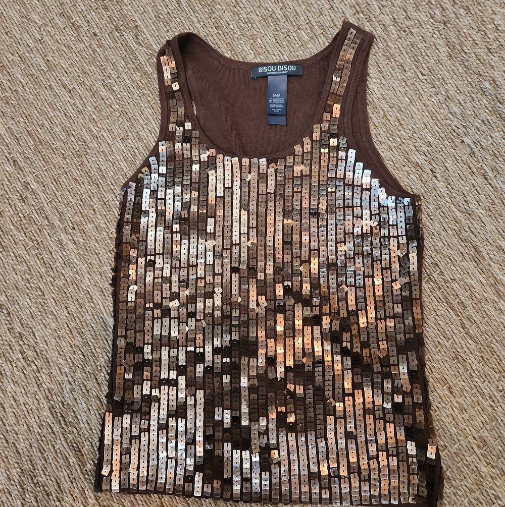 Bisou Bisou Brown Sequin Scoop Neck Tank With Gold  Embellishmentsb Size M